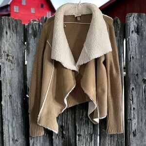 Knox Women's Small Camel Suede With Faux Fur Collar & Knit Patchwork Coat EUC!